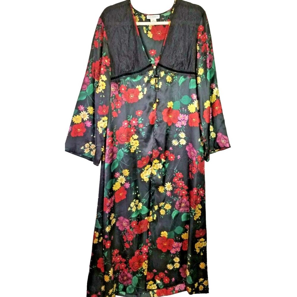 Ivy and Annabelle Black Red Floral 2 Button Long Robe Sleepwear Women size XL